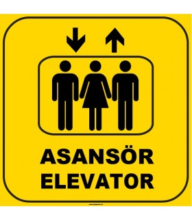 ZY1164 - Türkçe İngilizce Asansör/Elevator, sarı - siyah, kare