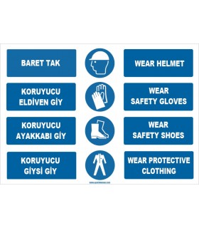 ZY1458 - ISO 7010 Türkçe İngilizce, Baret Tak, Eldiven, Ayakkabı, Giysi Giy, Wear Helmet, Shoes, Gloves, Clothing