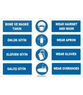 ZY1496 - Türkçe İngilizce Bone, Maske, Önlük, Eldiven, Galoş Giy, Wear Hairnet, Mask, Gloves, Apron, Overshoes
