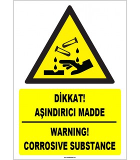 ZY1844 - ISO 7010 Türkçe İngilizce Dikkat Aşındırıcı Madde, Warning Corrosive Substance